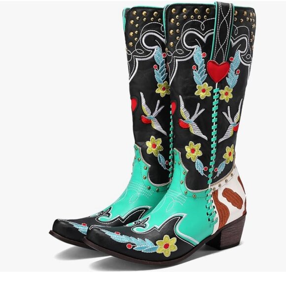 Swallow Floral Embroidered Cowgirl Boots - Picture 2 of 6